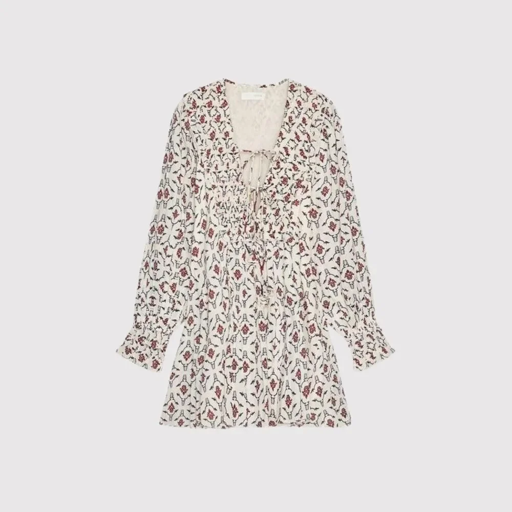 ZARA Mini Dress Beige Floral Puff Sleeve V Neck Lace Up Ruffle A Line Boho XS